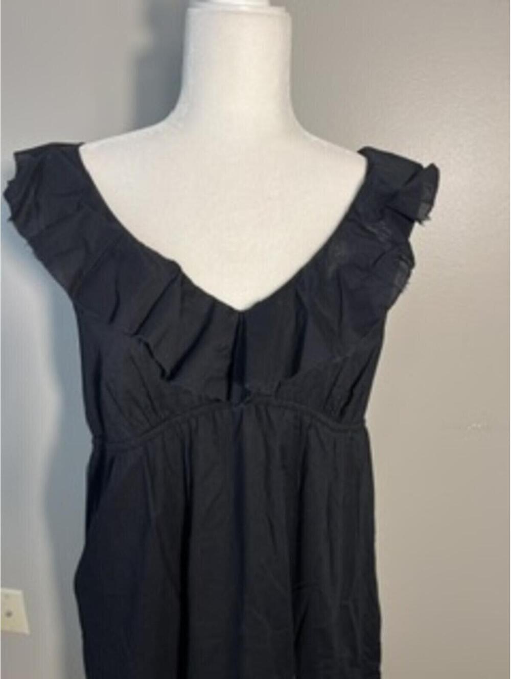 LOFT Black 100% Cotton Ruffle V-Neck Embroidered Hem Sundress Size 12